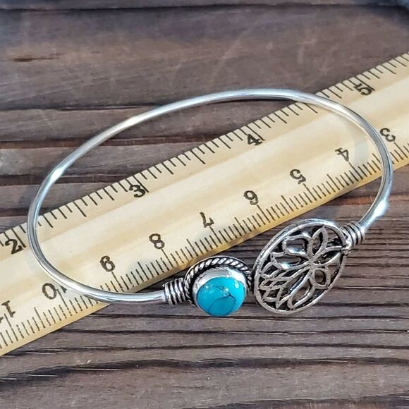 India Turquoise Gemstone Lotus Sterling Silver Overlay Cuff Bracelet 6743-R - Picture 7 of 8